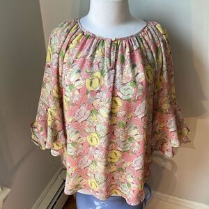 CHAPS Ralph Lauren NWT Gauzy Floral Poet Blouse w Ruffle Tiered Bell Sleeves, M